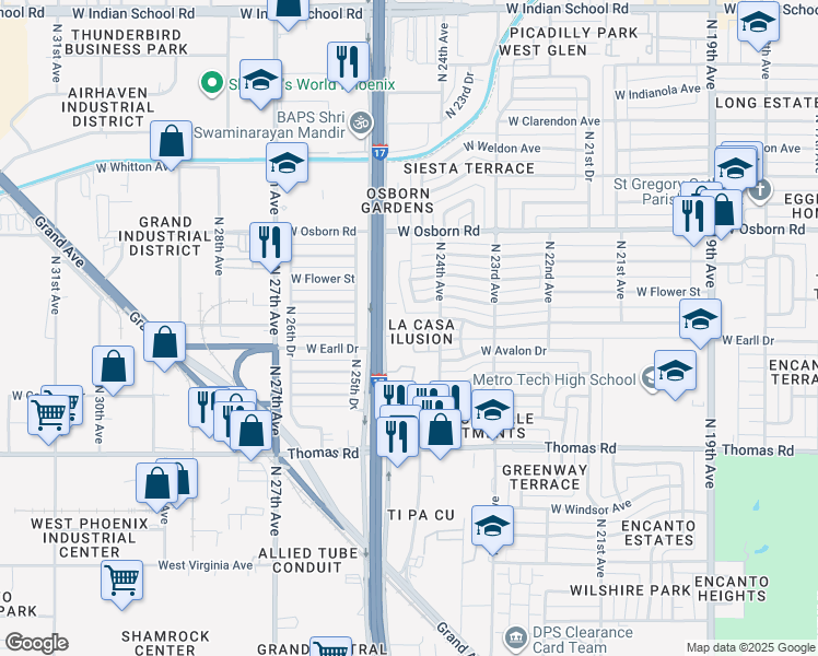 map of restaurants, bars, coffee shops, grocery stores, and more near 3049 North 24th Lane in Phoenix