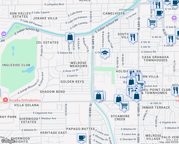 map of restaurants, bars, coffee shops, grocery stores, and more near 3201 North 63rd Place in Scottsdale