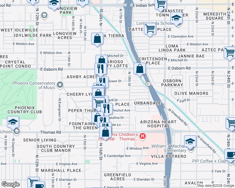map of restaurants, bars, coffee shops, grocery stores, and more near 1645 East Cheery Lynn Road in Phoenix