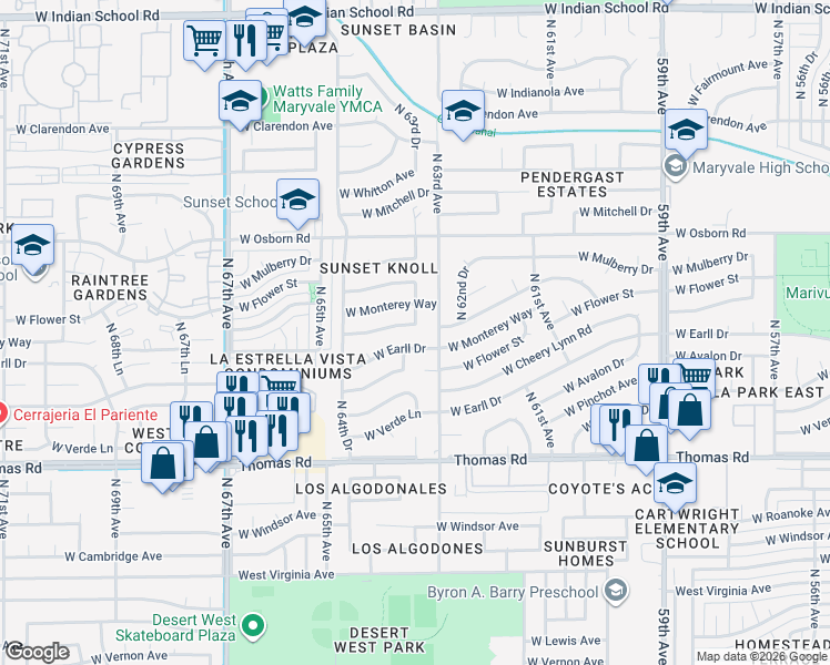 map of restaurants, bars, coffee shops, grocery stores, and more near 3110 North 63rd Avenue in Phoenix
