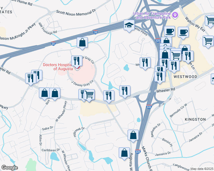 map of restaurants, bars, coffee shops, grocery stores, and more near 1120 Medical Center Drive in Augusta