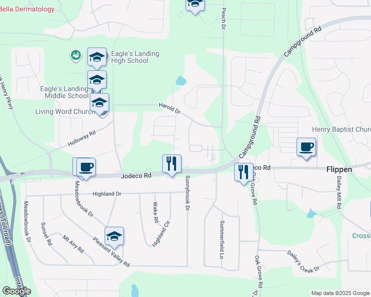 map of restaurants, bars, coffee shops, grocery stores, and more near 261 Fenwick Circle in McDonough
