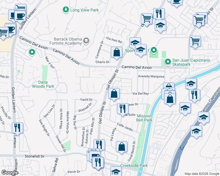 map of restaurants, bars, coffee shops, grocery stores, and more near 32941 Calle Del Tesoro in San Juan Capistrano