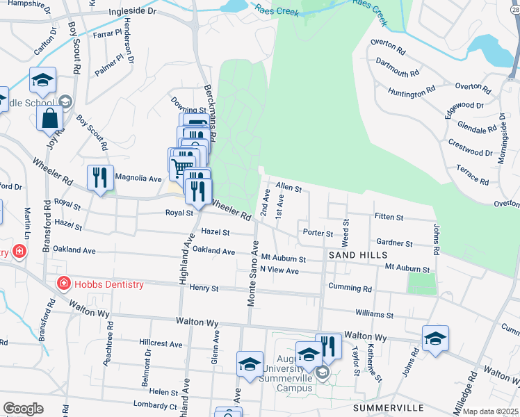 map of restaurants, bars, coffee shops, grocery stores, and more near 531 2nd Avenue in Augusta