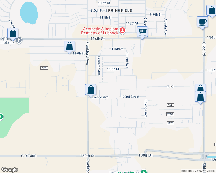 map of restaurants, bars, coffee shops, grocery stores, and more near 5710 122nd Street in Lubbock