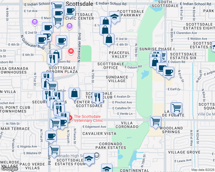 map of restaurants, bars, coffee shops, grocery stores, and more near 7530 East Earll Drive in Scottsdale