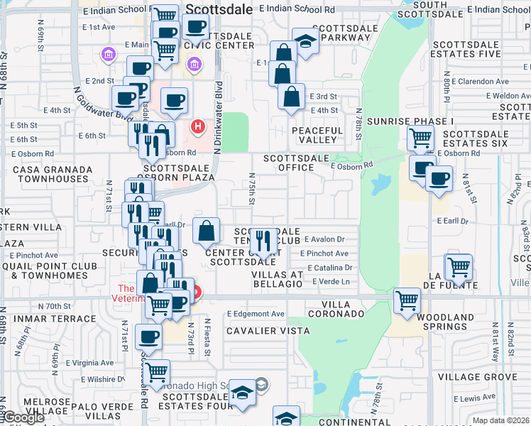 map of restaurants, bars, coffee shops, grocery stores, and more near 7508 East Earll Drive in Scottsdale