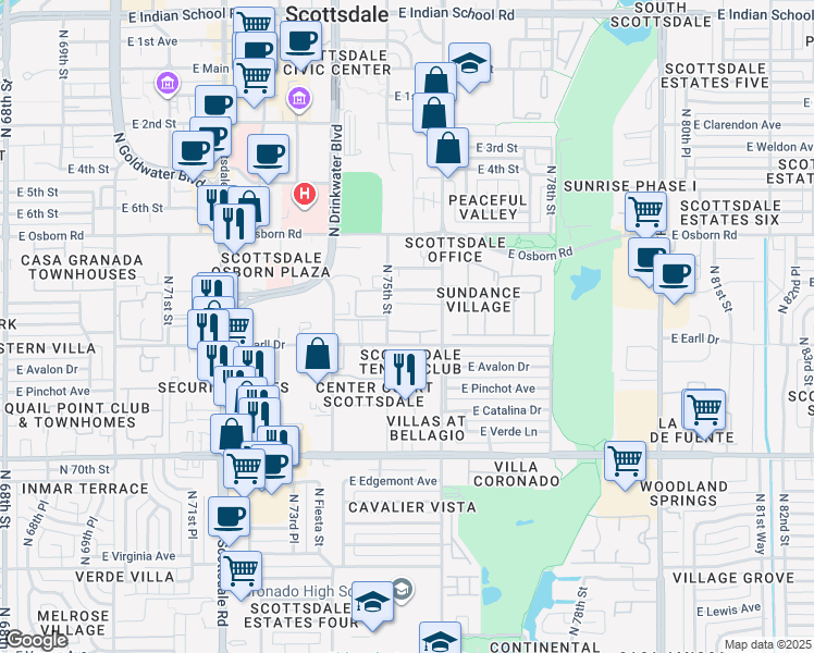 map of restaurants, bars, coffee shops, grocery stores, and more near 7508 East Earll Drive in Scottsdale