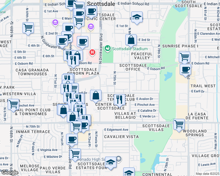map of restaurants, bars, coffee shops, grocery stores, and more near 7474 East Earll Drive in Scottsdale