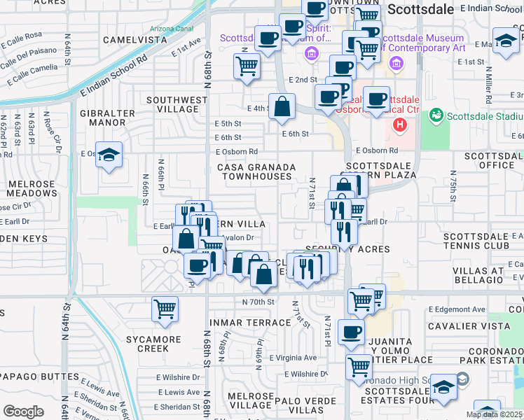 map of restaurants, bars, coffee shops, grocery stores, and more near 6932 East Earll Drive in Scottsdale