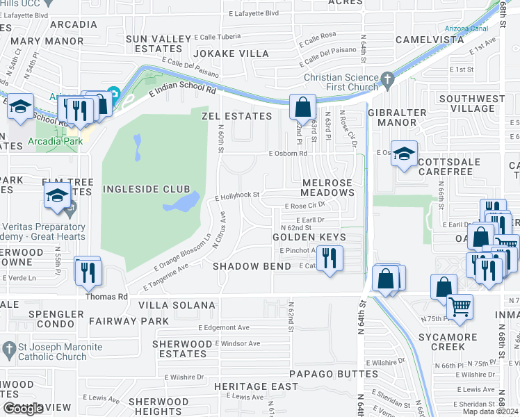 map of restaurants, bars, coffee shops, grocery stores, and more near 6129 East Hollyhock Drive in Phoenix