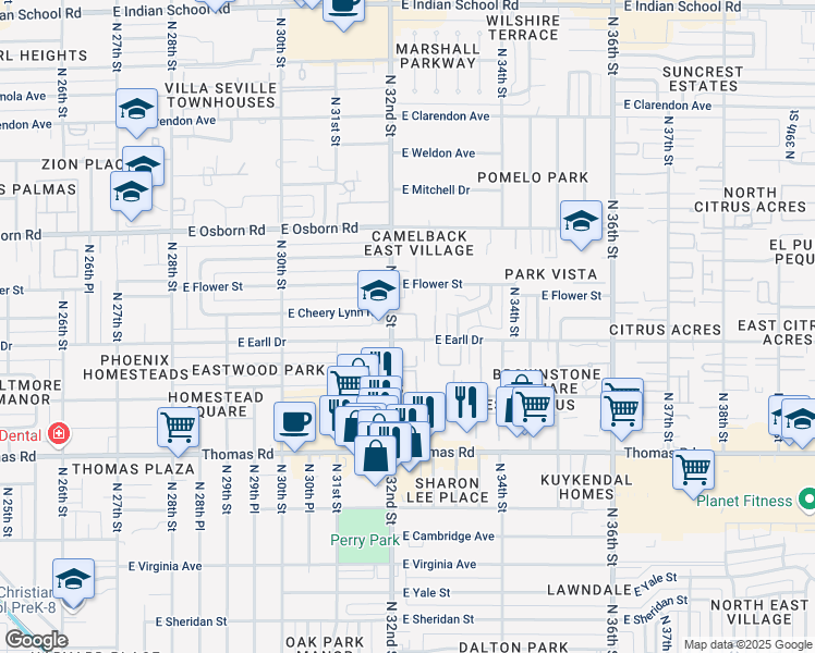 map of restaurants, bars, coffee shops, grocery stores, and more near 3101 North 32nd Street in Phoenix