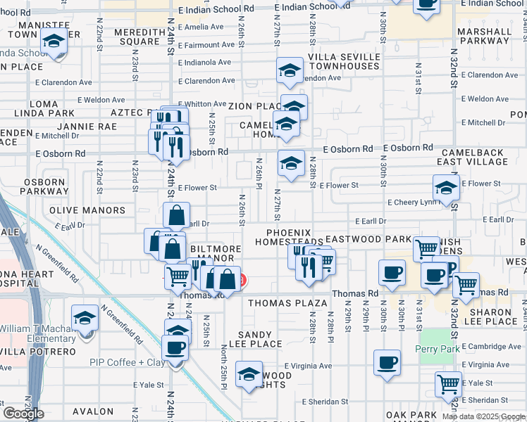 map of restaurants, bars, coffee shops, grocery stores, and more near 3109 North 26th Place in Phoenix