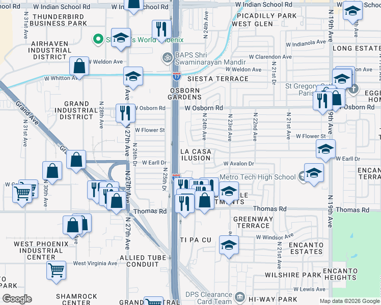 map of restaurants, bars, coffee shops, grocery stores, and more near 3049 North 24th Lane in Phoenix