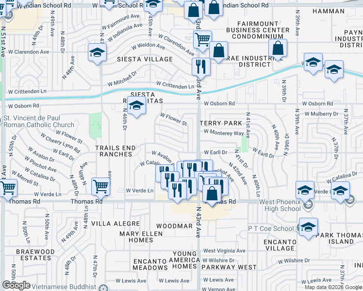 map of restaurants, bars, coffee shops, grocery stores, and more near 4402 West Earll Drive in Phoenix