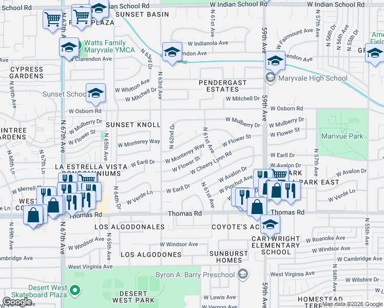 map of restaurants, bars, coffee shops, grocery stores, and more near 6137 West Monterey Way in Phoenix