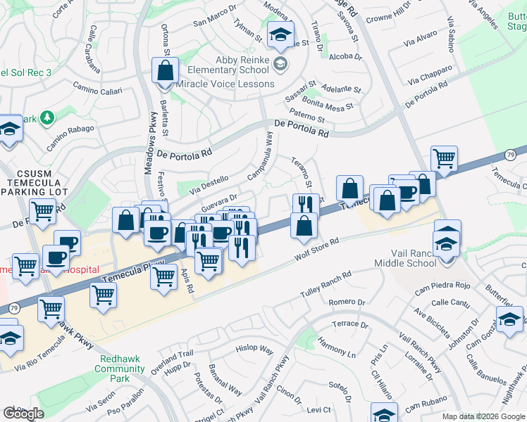 map of restaurants, bars, coffee shops, grocery stores, and more near 43193 Bassano Drive in Temecula