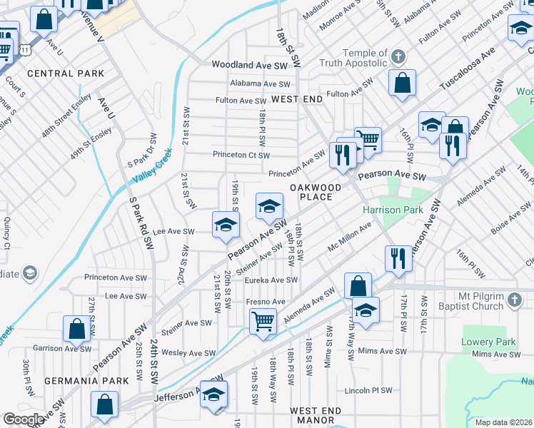 map of restaurants, bars, coffee shops, grocery stores, and more near 1840 Pearson Avenue Southwest in Birmingham