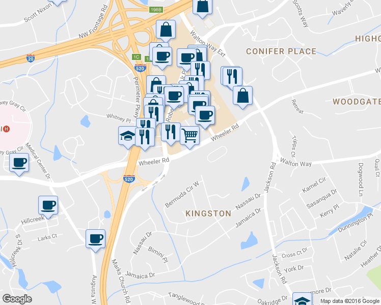 map of restaurants, bars, coffee shops, grocery stores, and more near 3536 Wheeler Rd in Augusta