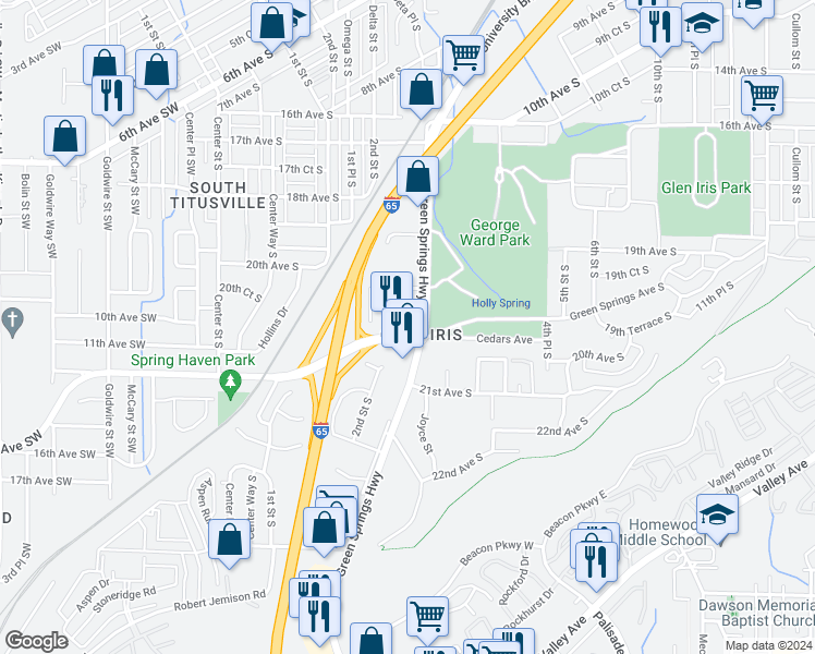 map of restaurants, bars, coffee shops, grocery stores, and more near 232 Green Springs Avenue South in Birmingham