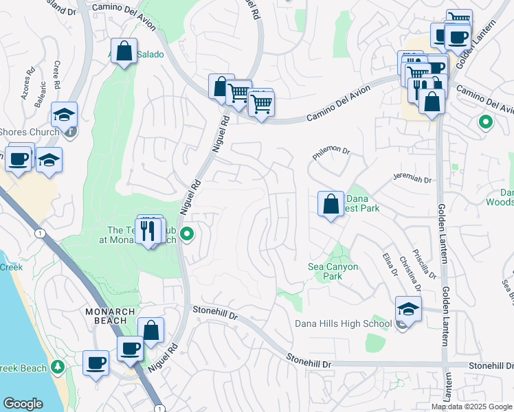map of restaurants, bars, coffee shops, grocery stores, and more near 5 Marbella in Dana Point