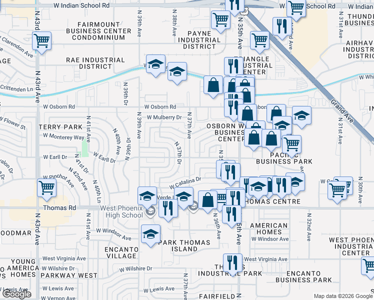 map of restaurants, bars, coffee shops, grocery stores, and more near 3109 North 37th Avenue in Phoenix