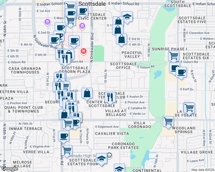 map of restaurants, bars, coffee shops, grocery stores, and more near 7508 East Earll Drive in Scottsdale