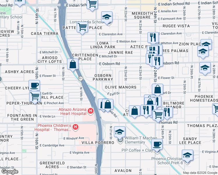 map of restaurants, bars, coffee shops, grocery stores, and more near 3122 North 21st Street in Phoenix