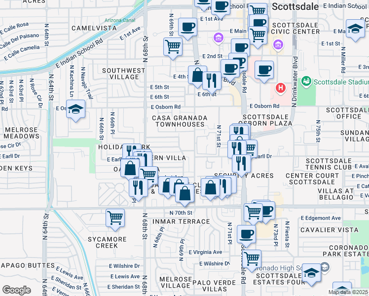 map of restaurants, bars, coffee shops, grocery stores, and more near 6932 East Earll Drive in Scottsdale