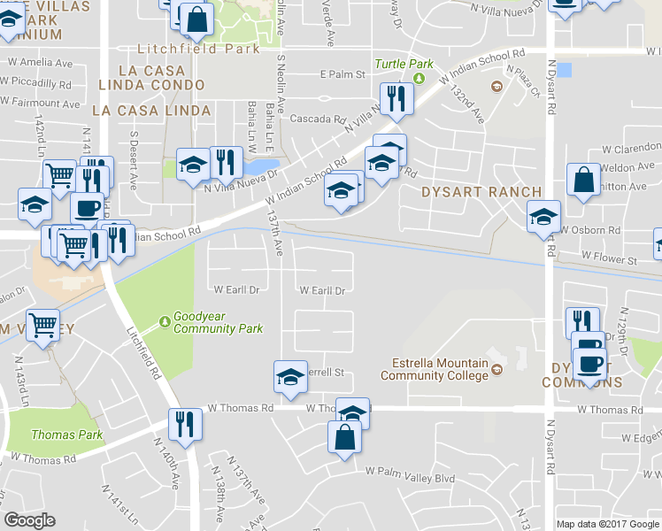 map of restaurants, bars, coffee shops, grocery stores, and more near 13518 West Cheery Lynn Road in Avondale
