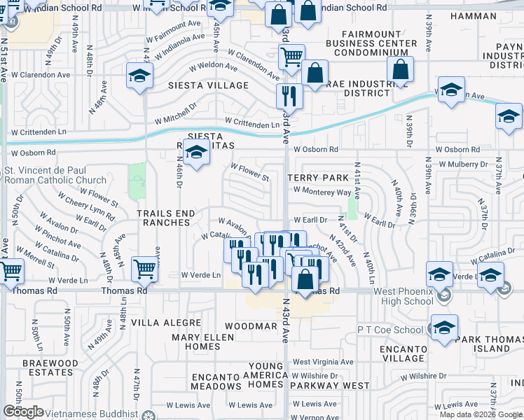 map of restaurants, bars, coffee shops, grocery stores, and more near 4402 West Earll Drive in Phoenix