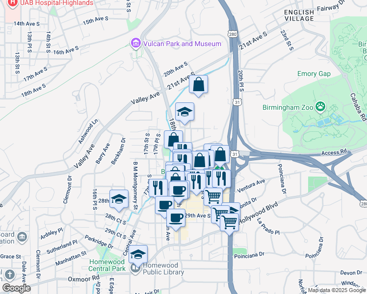 map of restaurants, bars, coffee shops, grocery stores, and more near 1809 Lynn Boulevard in Birmingham