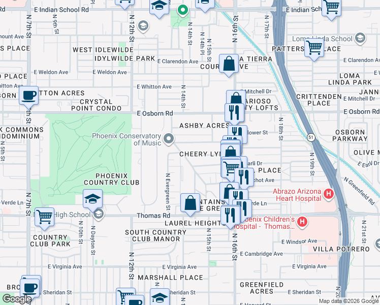 map of restaurants, bars, coffee shops, grocery stores, and more near 1528 E Cheery Lynn Rd in Phoenix