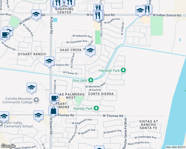 map of restaurants, bars, coffee shops, grocery stores, and more near 3210 North 127th Drive in Avondale
