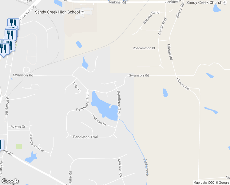 map of restaurants, bars, coffee shops, grocery stores, and more near 115 Pendleton Trail in Tyrone