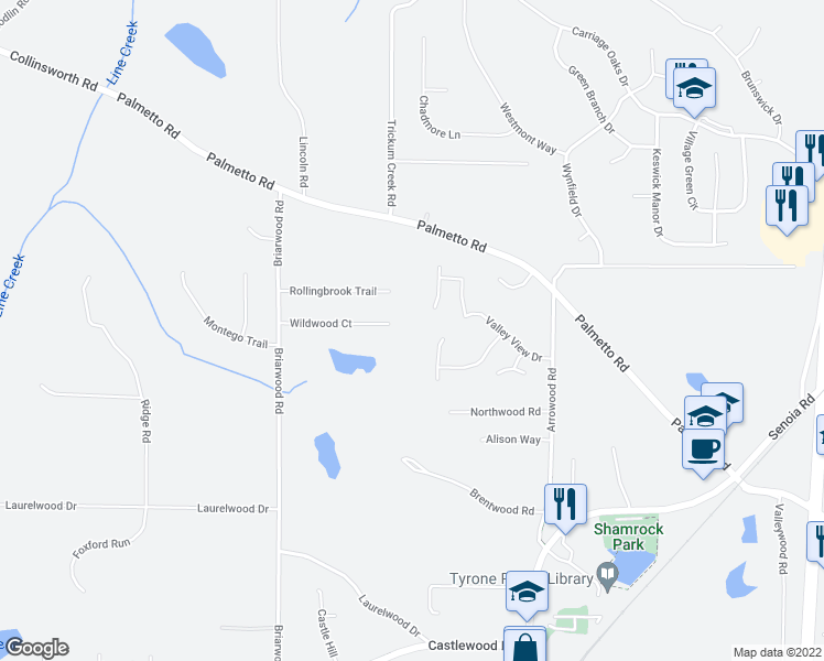 map of restaurants, bars, coffee shops, grocery stores, and more near 205 Wildwood Court in Tyrone