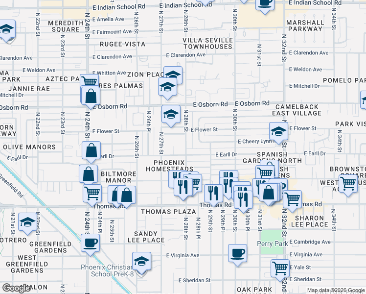 map of restaurants, bars, coffee shops, grocery stores, and more near 3116 North 28th Street in Phoenix