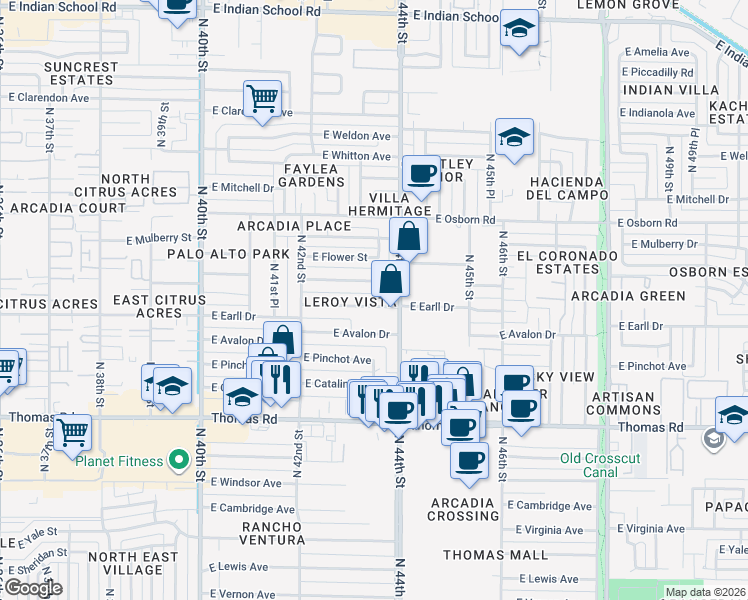 map of restaurants, bars, coffee shops, grocery stores, and more near 4312 East Earll Drive in Phoenix