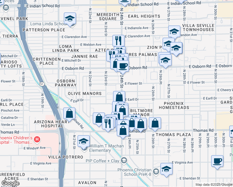 map of restaurants, bars, coffee shops, grocery stores, and more near 3120 North 24th Street in Phoenix