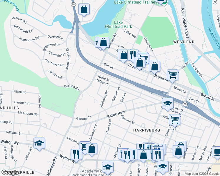 map of restaurants, bars, coffee shops, grocery stores, and more near 2126 Telfair Street in Augusta