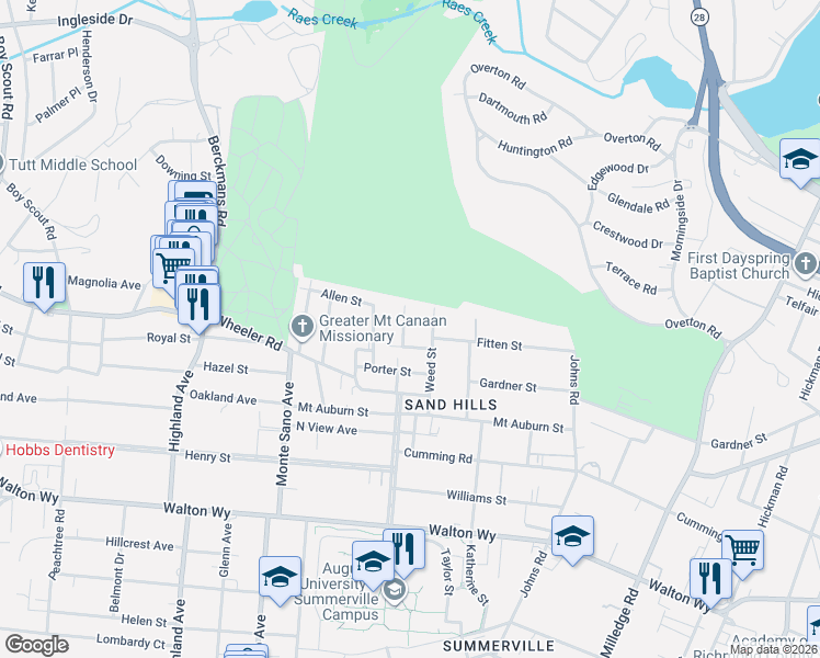 map of restaurants, bars, coffee shops, grocery stores, and more near 517 Earl Street in Augusta