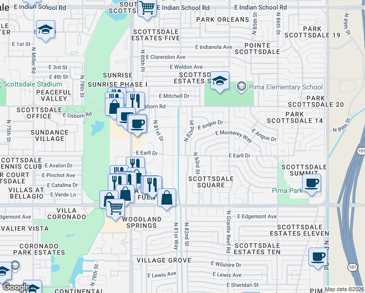 map of restaurants, bars, coffee shops, grocery stores, and more near 3138 North 82nd Place in Scottsdale