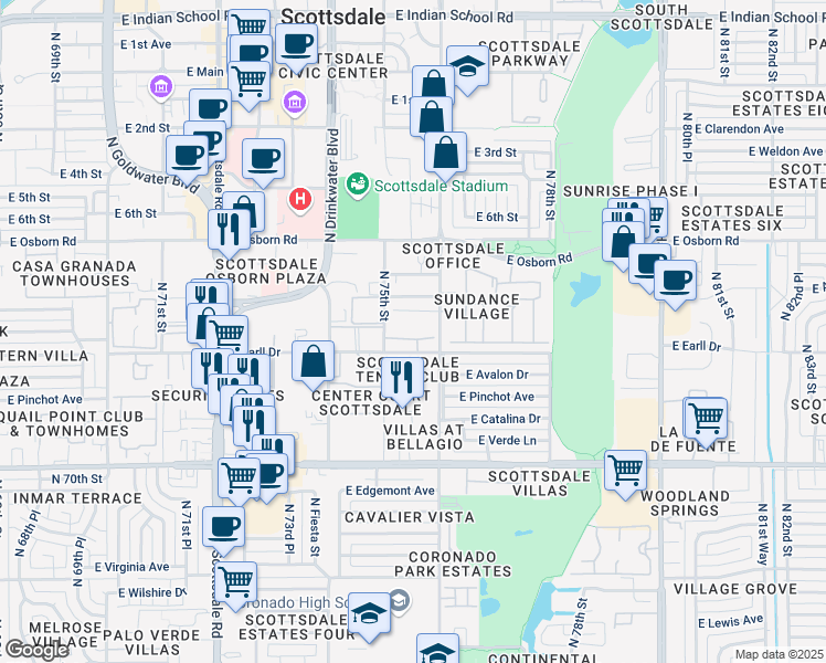 map of restaurants, bars, coffee shops, grocery stores, and more near 7520 East Earll Drive in Scottsdale