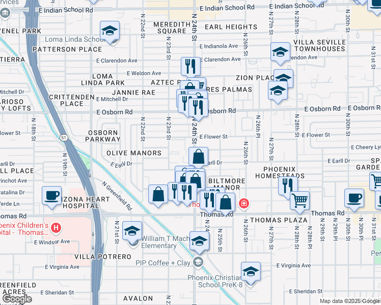 map of restaurants, bars, coffee shops, grocery stores, and more near 3120 North 24th Street in Phoenix