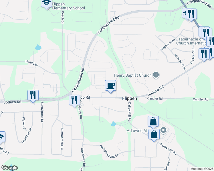 map of restaurants, bars, coffee shops, grocery stores, and more near 1253 Winwood Drive in McDonough