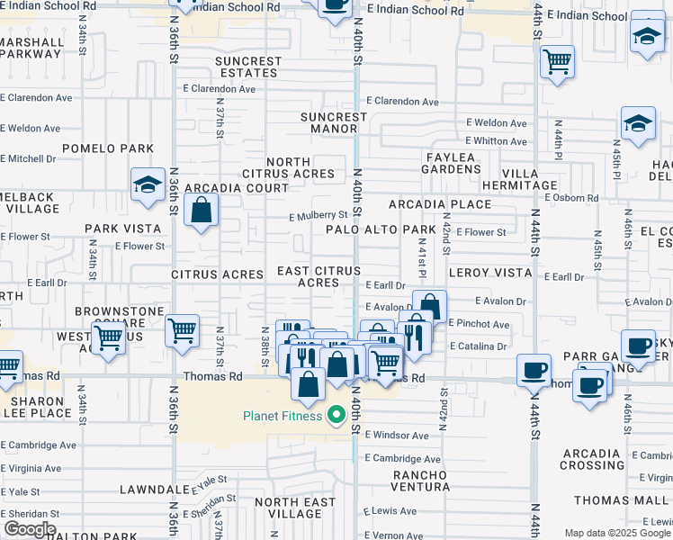 map of restaurants, bars, coffee shops, grocery stores, and more near 3110 North 40th Street in Phoenix
