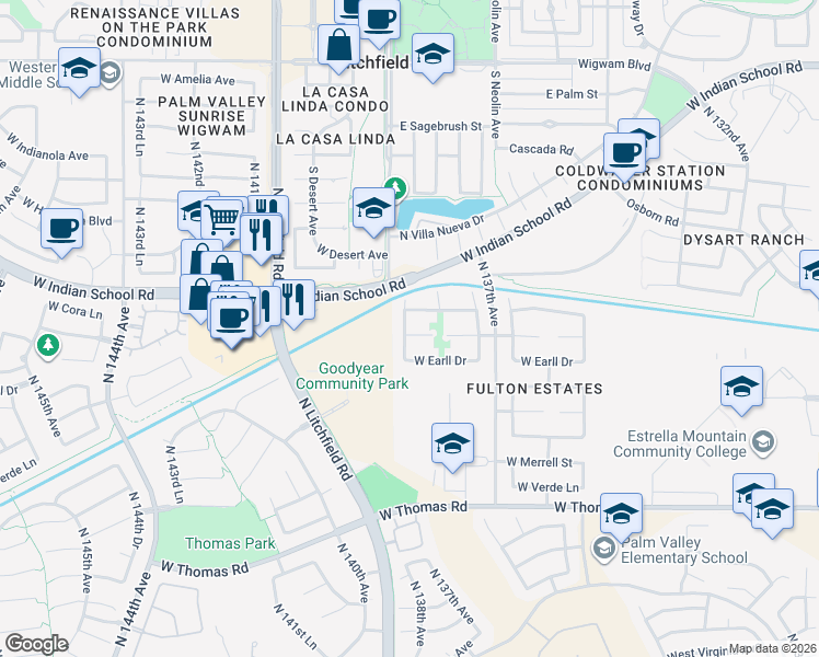map of restaurants, bars, coffee shops, grocery stores, and more near 3222 North 138th Drive in Avondale