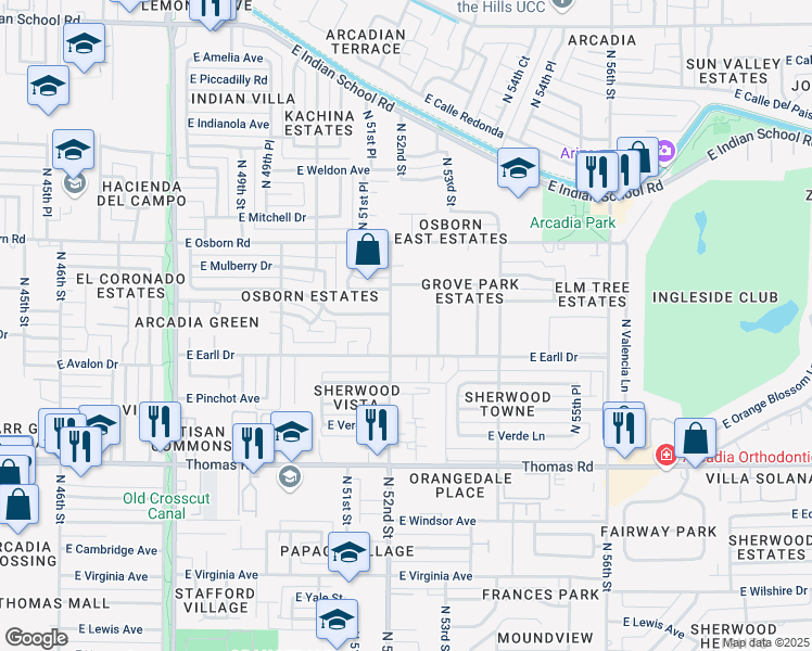 map of restaurants, bars, coffee shops, grocery stores, and more near 3113 North 52nd Street in Phoenix