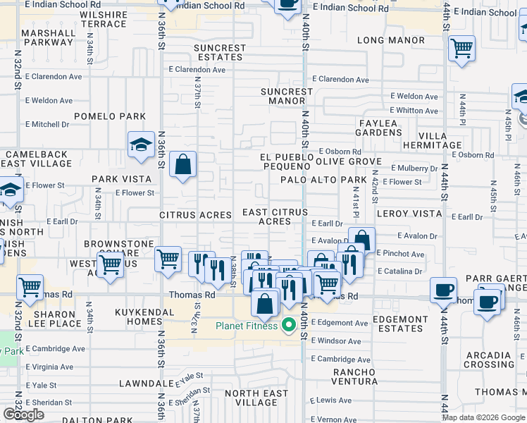 map of restaurants, bars, coffee shops, grocery stores, and more near 3107 North 39th Street in Phoenix