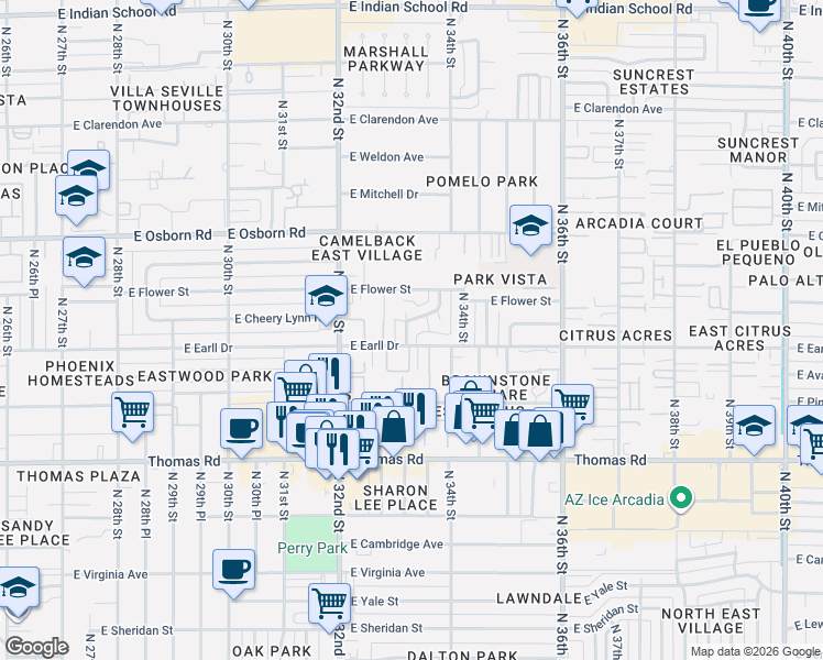 map of restaurants, bars, coffee shops, grocery stores, and more near 3340 East Earll Drive in Phoenix